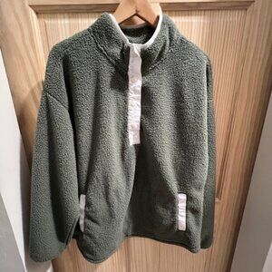 COMO VINTAGE oilve-green high pile fleece pullover 1/4 snap placket Sherpa XL